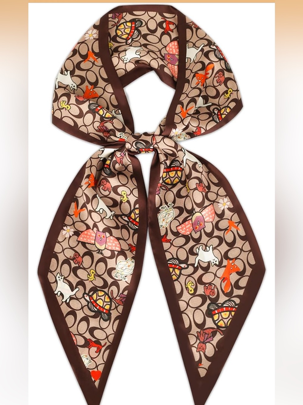 Designer kitty motif Brown Signature Silk Twilly Scarf nwt